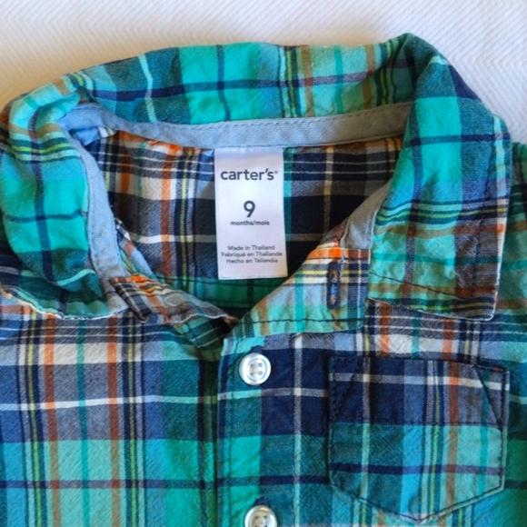 carter's plaid cotton twill button down romper with collar 9 months baby boy - Picture 2 of 6